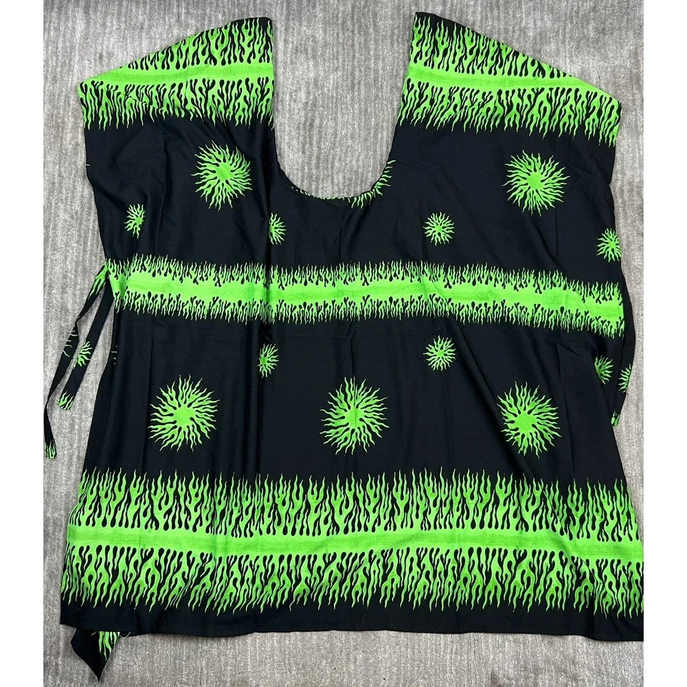 Rima Kaftan Cover Up Women OS Green Black Sunburst Flame Graphic Side Tie Poncho
